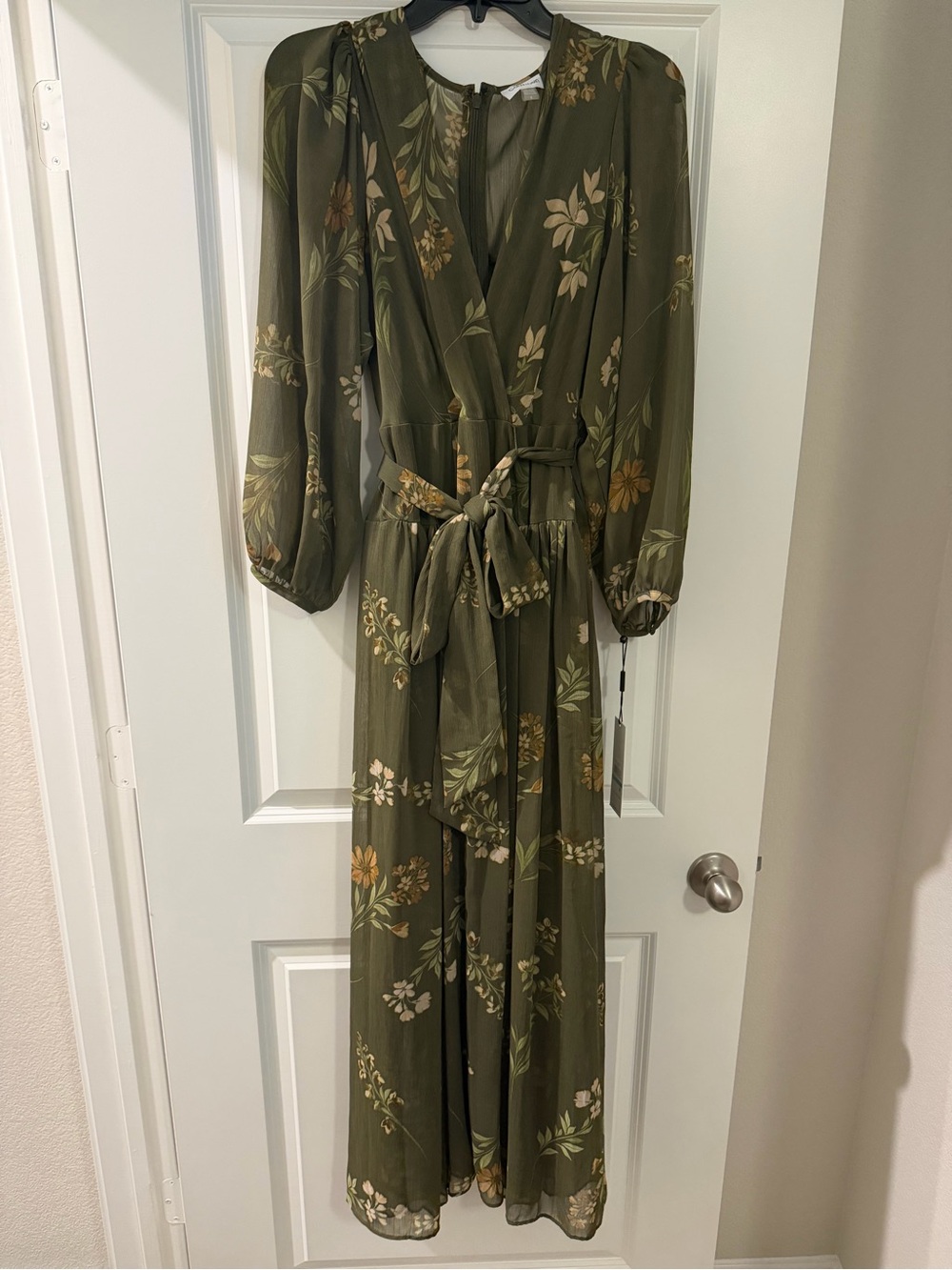 Calvin Klein Olive Green Floral Long Sleeve Wrap Midi Dress Size 16